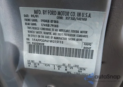 2001 Ford Focus Lx z USA, uszkodzony, nr VIN 1FAFP33P61W315115